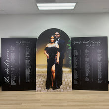 Load image into Gallery viewer, Seating Chart with Photo Boards - Modern Black and White Seating Chart - Your Seat Awaits - Lifesize Photo Arch - Custom Seating Chart - Wedding Seating Chart - Lifesize Photo Panel - Large Photo Board - Custom Wedding Backdrops - Wedding Photo Backdrops