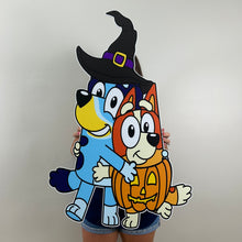 Load image into Gallery viewer, Halloween Bluey and Bingo Prop - Halloween Prop - Halloween Bluey Props - Spooky Props -Custom Character Cutout - Lifesize Bluey Cutout - Party Standee - Halloween Themed Birthday - Spooky One Birthday Party - Halloween Bingo Prop