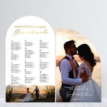 Load image into Gallery viewer, Set of 2. Wedding seating chart arch with "Our Favorite People Your Seat Awaits" as the header and a landscape photo as the bottom. Half arch photo welcome sign. 
