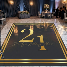 Load image into Gallery viewer, Custom Decorative dance floor wrap with '21' and 'Serenity's Birthday Affair' text in a formal event setting.