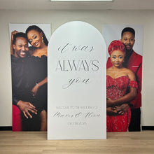 Load image into Gallery viewer, Wedding welcome sign with couple photos on either side in a room setting.