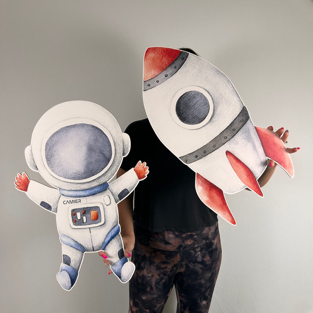Foam Board Astronaut and Rocket Prop Set - Watercolor Space Theme Cutouts - Set of 2 Party Standees