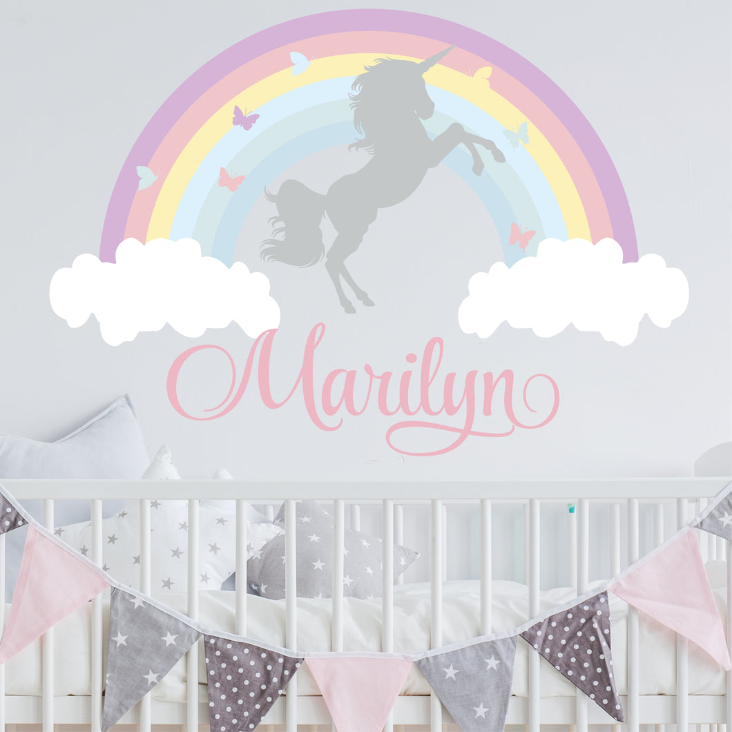 Unicorn Sticker Rainbow Butterfly Wall Decal Custom Name - Name Sticker - Name Decal